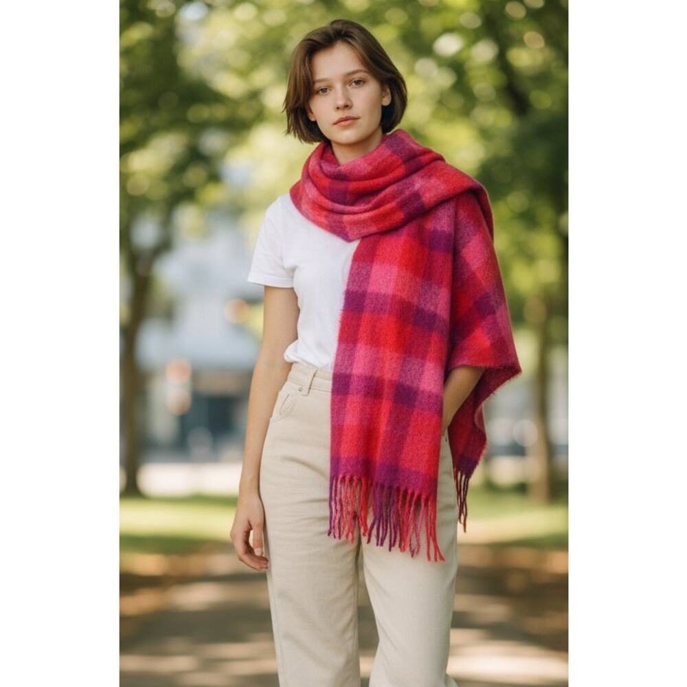 Vintrage Mohair Wool Plaid Blanket Scarf St. Michael Made in Britain Red Pink